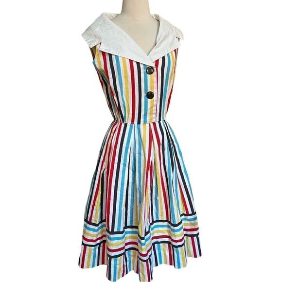 DREAMY Vintage 1950s Handmade One of a Kind Rainbow Shawl Collar Cotton Dress - Picture 8 of 11